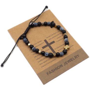 Bracciale acciaio pietre dure e croce centrale chiusura a tirante corda